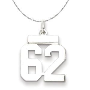 Silver, Athletic Collection, Small Polished Number 62 Necklace - 20 In